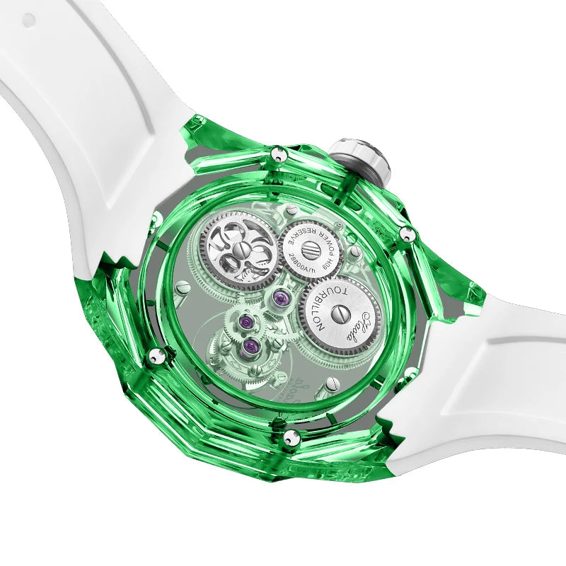 Close-up of a green and white mechanical watch with transparent case