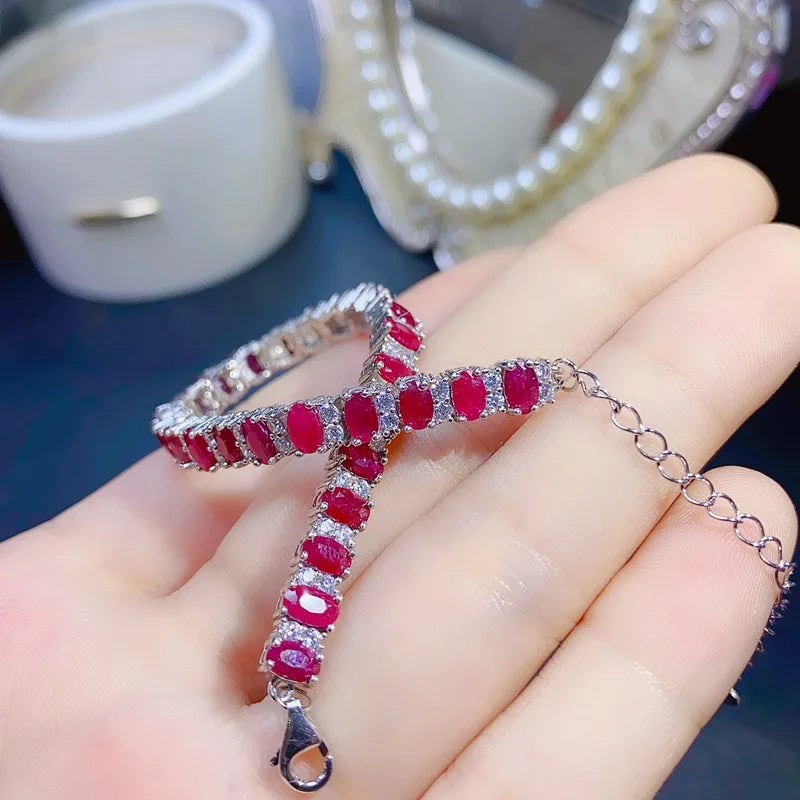 925 Silver Full-Set Natural Ruby Bracelet, AAA Gemstone Chain with Certification, Luxury Red Jewelry for Women