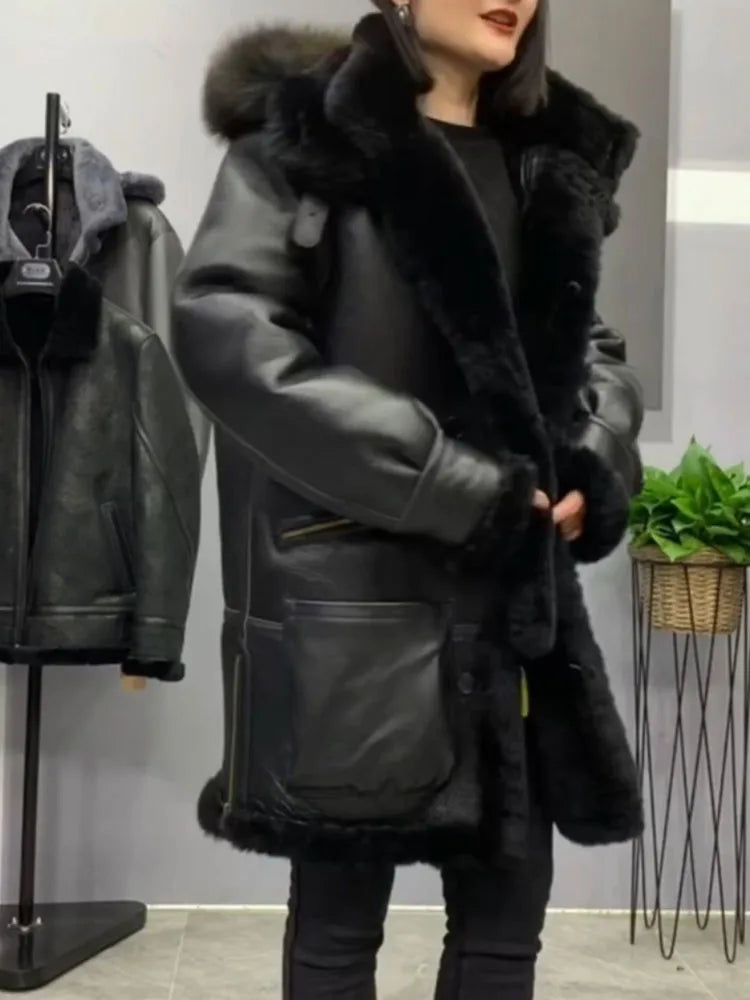 Sheepskin Shearling Coat Men Women Hood Black – Vexaro