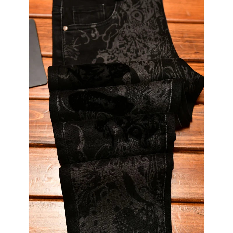 Black jeans men's fashion light luxury print slim fit small foot trend men's clothing autumn elastic long pants men