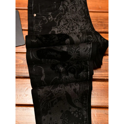 Black jeans men's fashion light luxury print slim fit small foot trend men's clothing autumn elastic long pants men