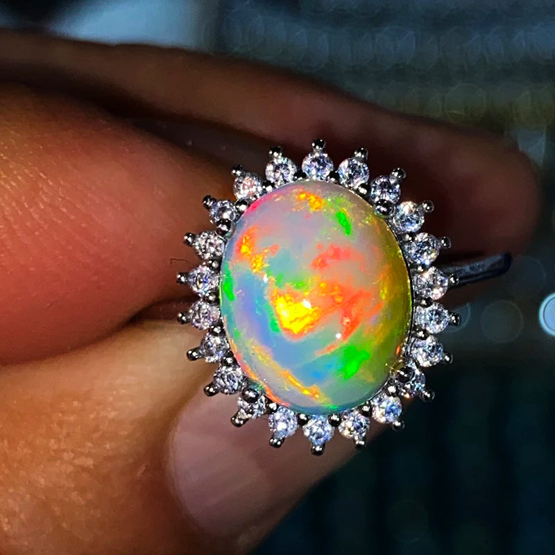 Unit One Piece 925 Silver With Natural Rainbow Opal Gemstone Crystal Healing Luxury Finger-rings For Jewelry Gift