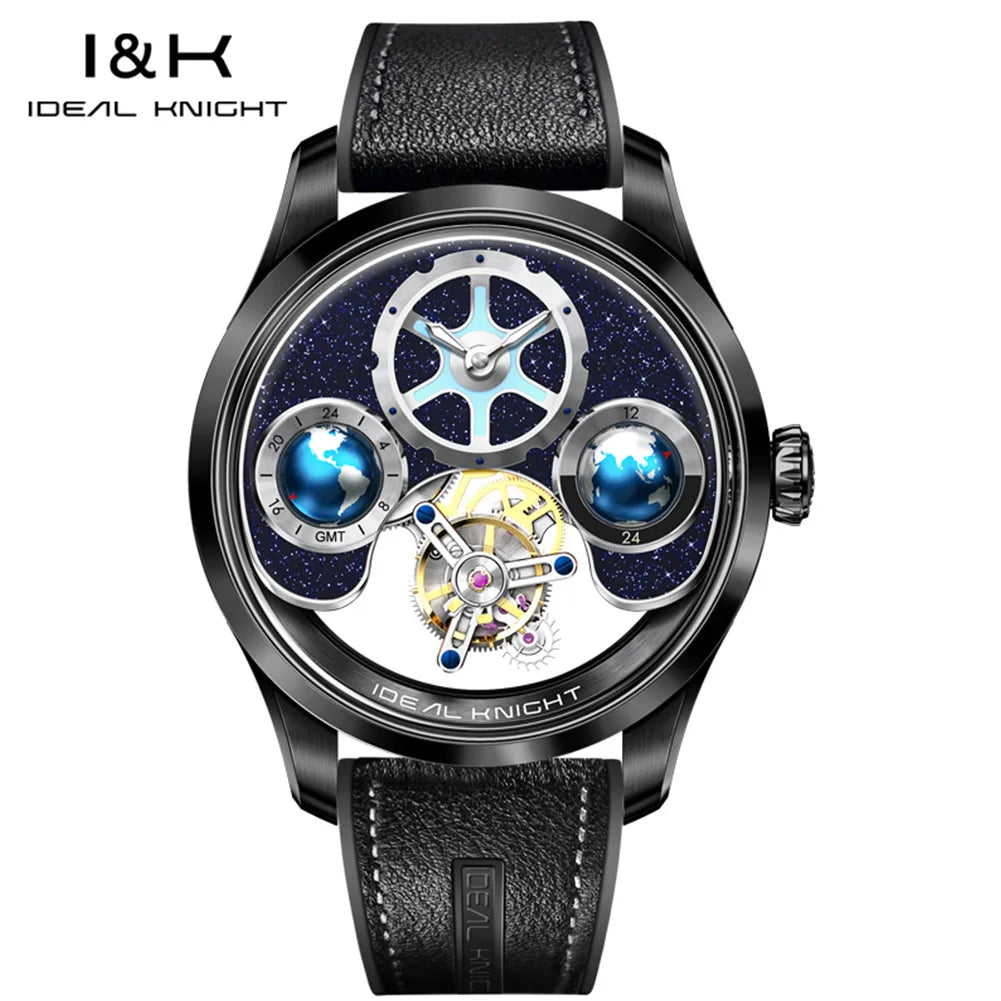 IDEAL KNIGHT Real Tourbillon Automatic Watches for Men 43mm Large Dial Blue Earth Series High-end Luxury Brand Mechanical Watch