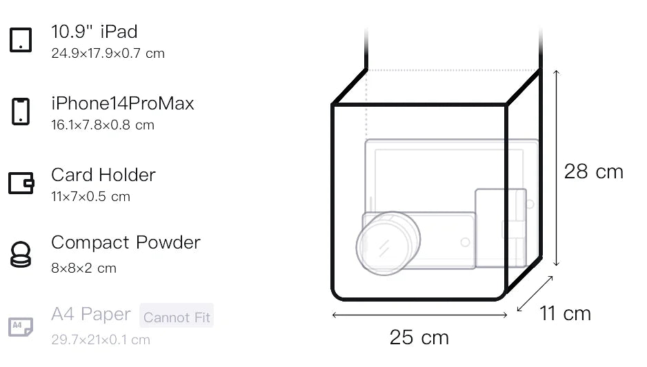 Product dimensions diagram showing a clear hanging cube-shaped pouch with measurements labeled 28 cm height, 25 cm width, and 11 cm depth, alongside listed item examples including a 10.9" iPad, iPhone 14 Pro Max, card holder, compact powder, and A4 paper noting it cannot fit.