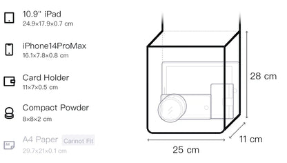 Product dimensions diagram showing a clear hanging cube-shaped pouch with measurements labeled 28 cm height, 25 cm width, and 11 cm depth, alongside listed item examples including a 10.9" iPad, iPhone 14 Pro Max, card holder, compact powder, and A4 paper noting it cannot fit.