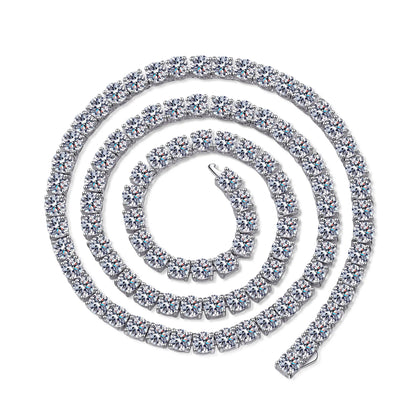 Silver necklace with clear gemstones on a white background