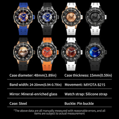 PINDU Design Watches Planet Series Miyota 8215 Mechanical Watch Men's Luminous Waterproof Curved Mirror Pointer Silicone Strap