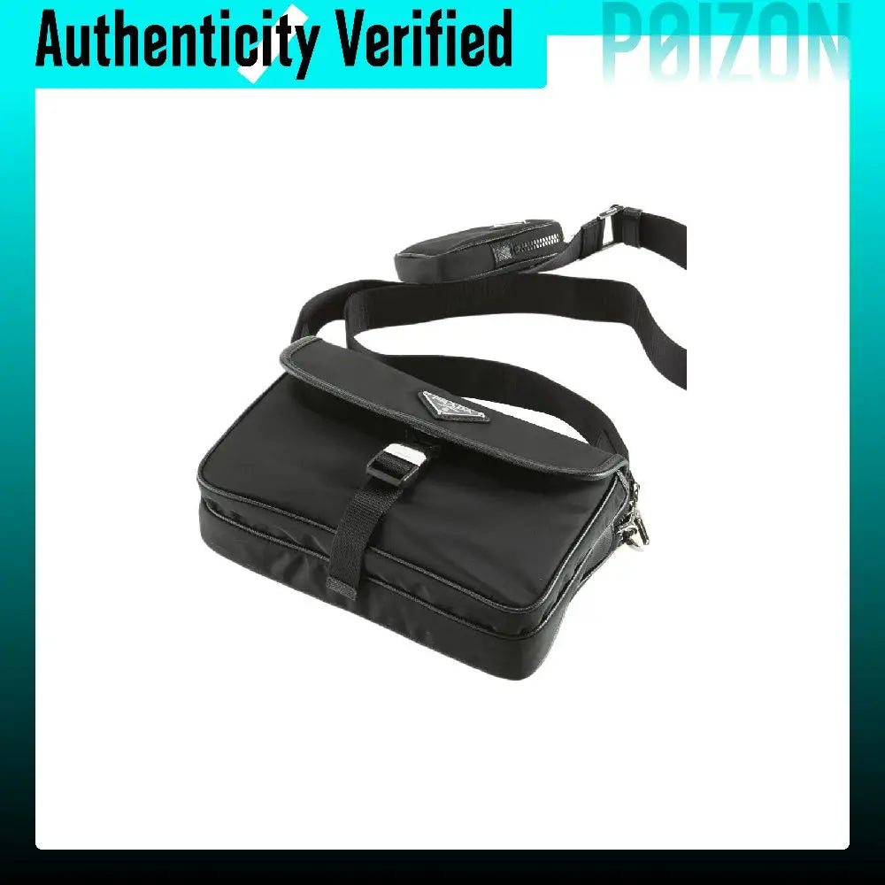 A black nylon shoulder bag with a triangular metal logo plaque on the front flap, shown on a white background with a turquoise 'Authenticity Verified' banner at the top.