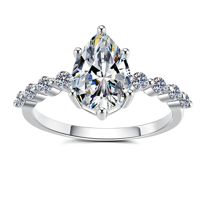 Reinforced prong structure locks 5ct moissanite for women’s six-prong pear ring within scratch-resistant PT950 platinum shell
