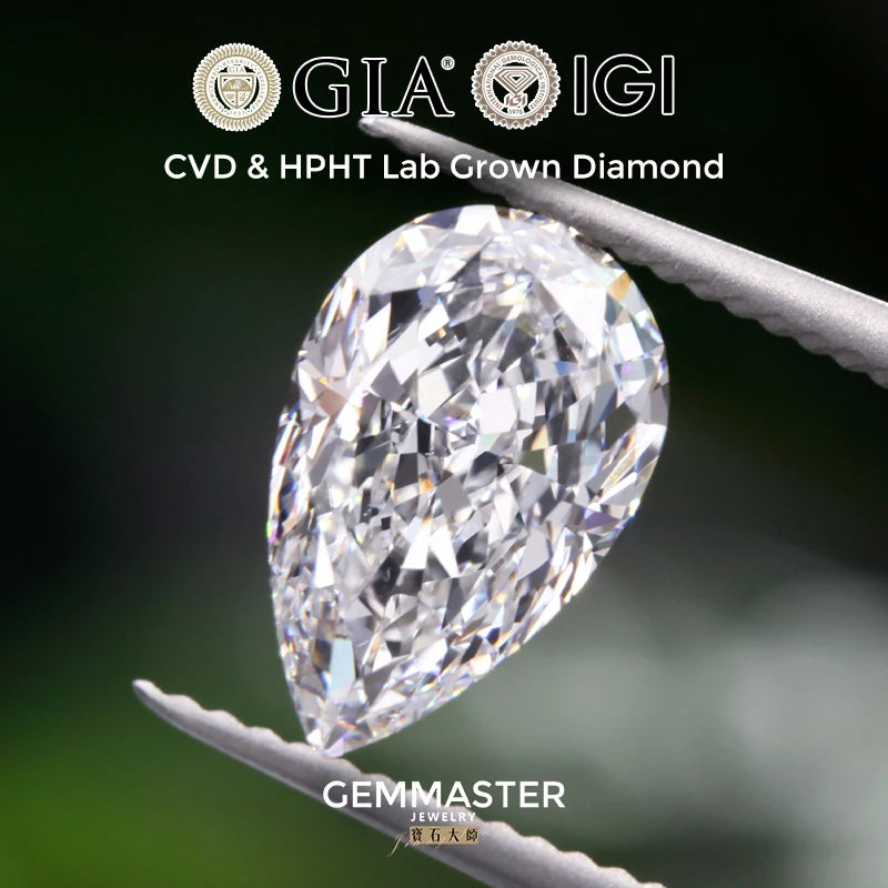 Pear-shaped lab-grown diamond held by tweezers with GIA and IGI logos above.