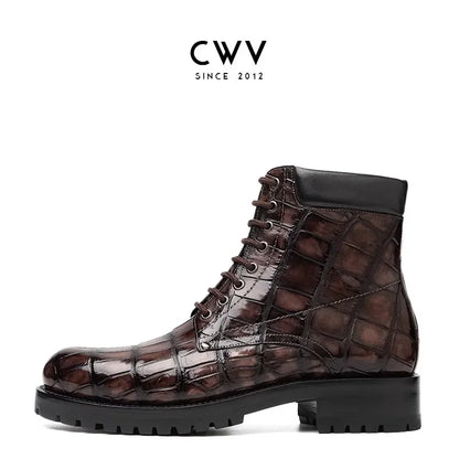 A dark brown crocodile-embossed leather lace-up ankle boot with a chunky black sole, shown from a side profile on a white background with the brand logo 'CWV' at the top.