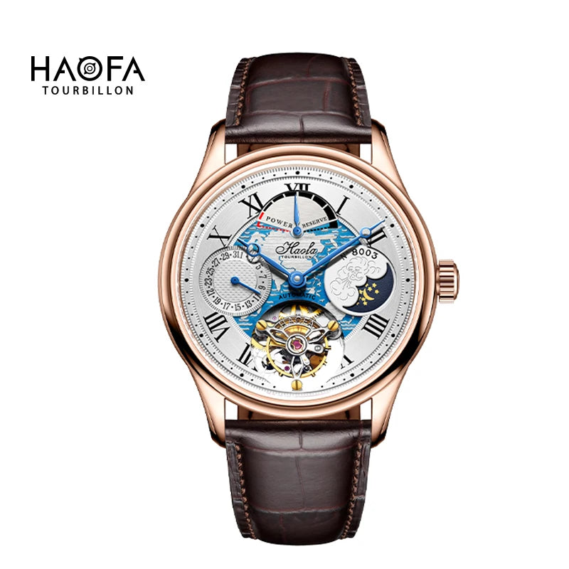 HAOFA Tourbillon men's watch featuring a rose gold case, a white skeleton dial with blue hands and moon phase indicator, and a dark brown leather strap, shown on a white background with the brand logo in the top left corner.