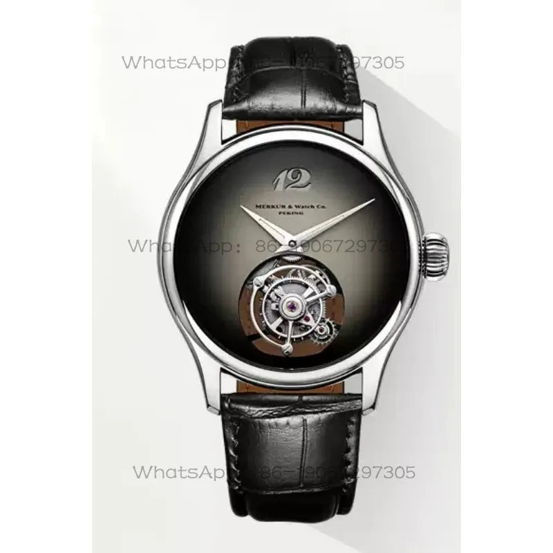 A luxury wristwatch with a polished silver-tone case, a dark gray to black gradient dial, and a visible tourbillon movement on the lower half of the dial. It is fitted with a black alligator-pattern leather strap.