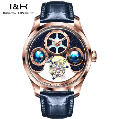 IDEAL KNIGHT Real Tourbillon Automatic Watches for Men 43mm Large Dial Blue Earth Series High-end Luxury Brand Mechanical Watch
