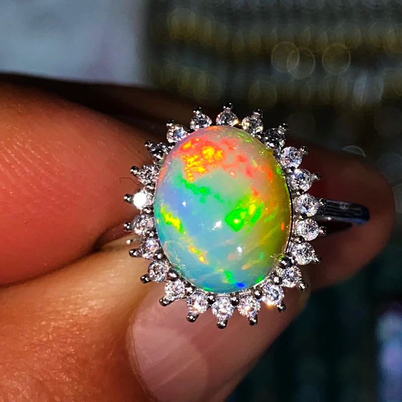 Unit One Piece 925 Silver With Natural Rainbow Opal Gemstone Crystal Healing Luxury Finger-rings For Jewelry Gift
