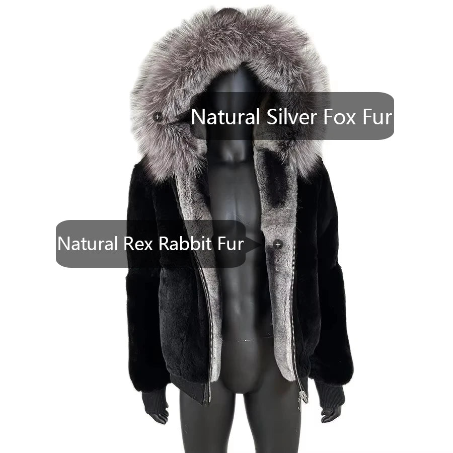 Men Rabbit Fur Coat Winter Short Real Rex Rabbit Fur Jacket With Hood Black Fur Coats Chinchilla Fur