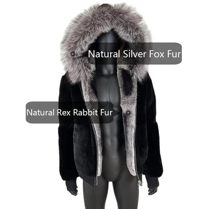 Men Rabbit Fur Coat Winter Short Real Rex Rabbit Fur Jacket With Hood Black Fur Coats Chinchilla Fur