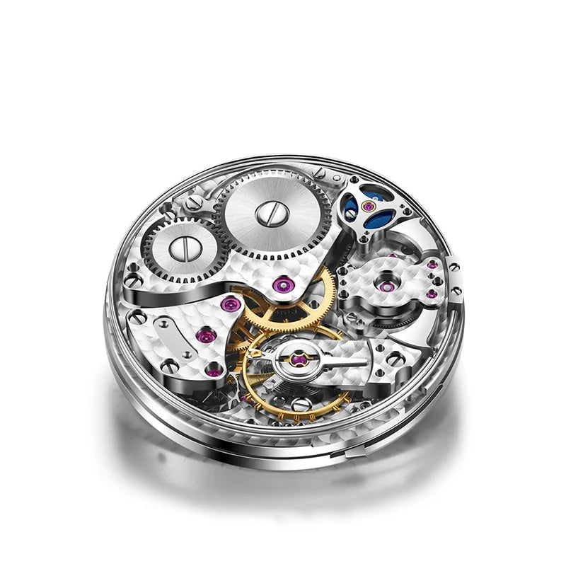 A close-up studio shot of a watch movement mechanism with silver-toned gears, gold-toned components, and small purple jewel bearings on a white background.