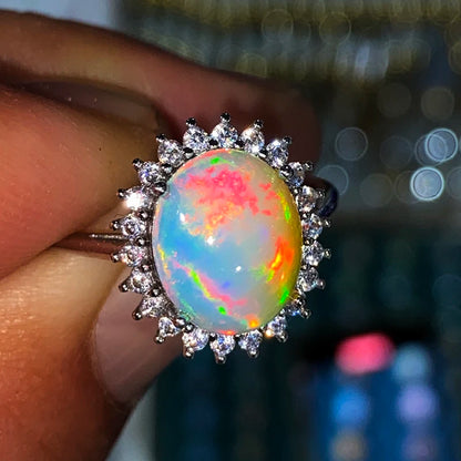 Unit One Piece 925 Silver With Natural Rainbow Opal Gemstone Crystal Healing Luxury Finger-rings For Jewelry Gift