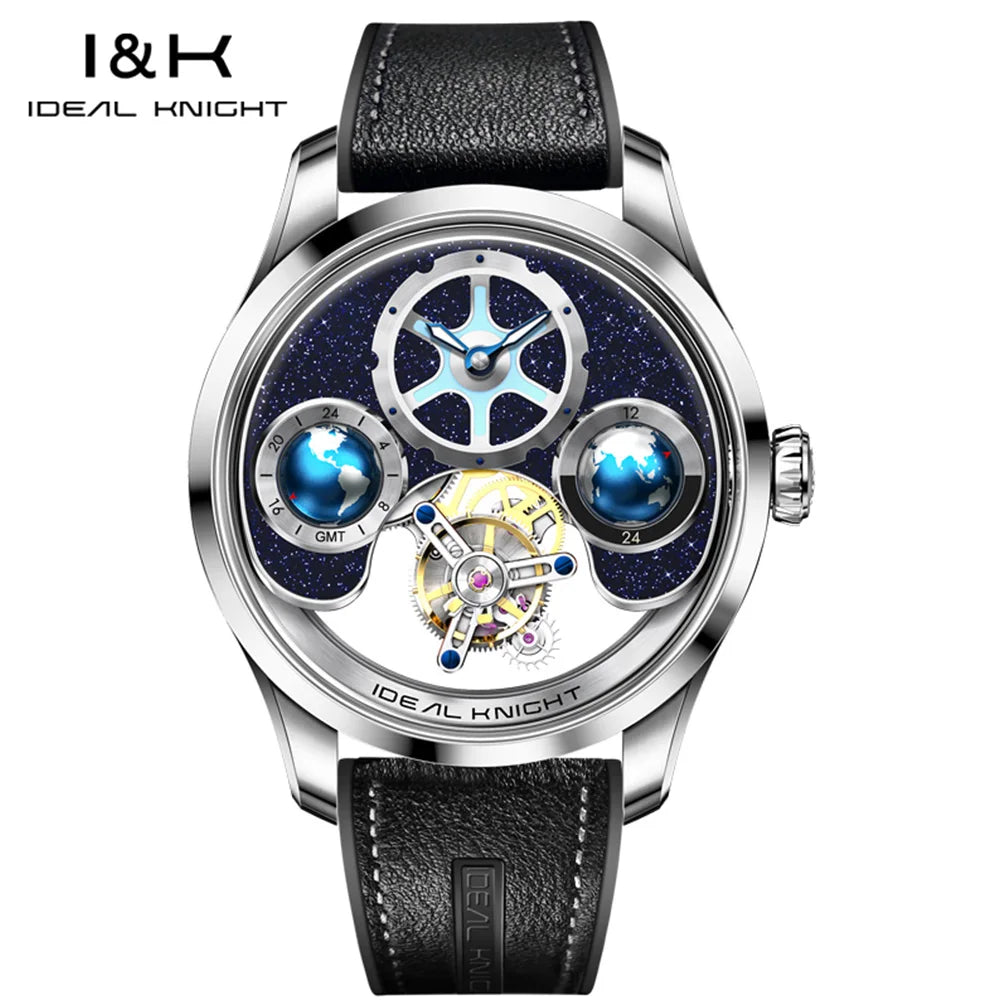 IDEAL KNIGHT Real Tourbillon Automatic Watches for Men 43mm Large Dial Blue Earth Series High-end Luxury Brand Mechanical Watch
