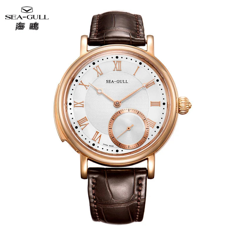 Sea-Gull men's watch featuring a rose gold case, a white dial with Roman numerals, a subsidiary dial, and a dark brown alligator leather strap, shown on a white background with the Sea-Gull logo in the top-left corner.