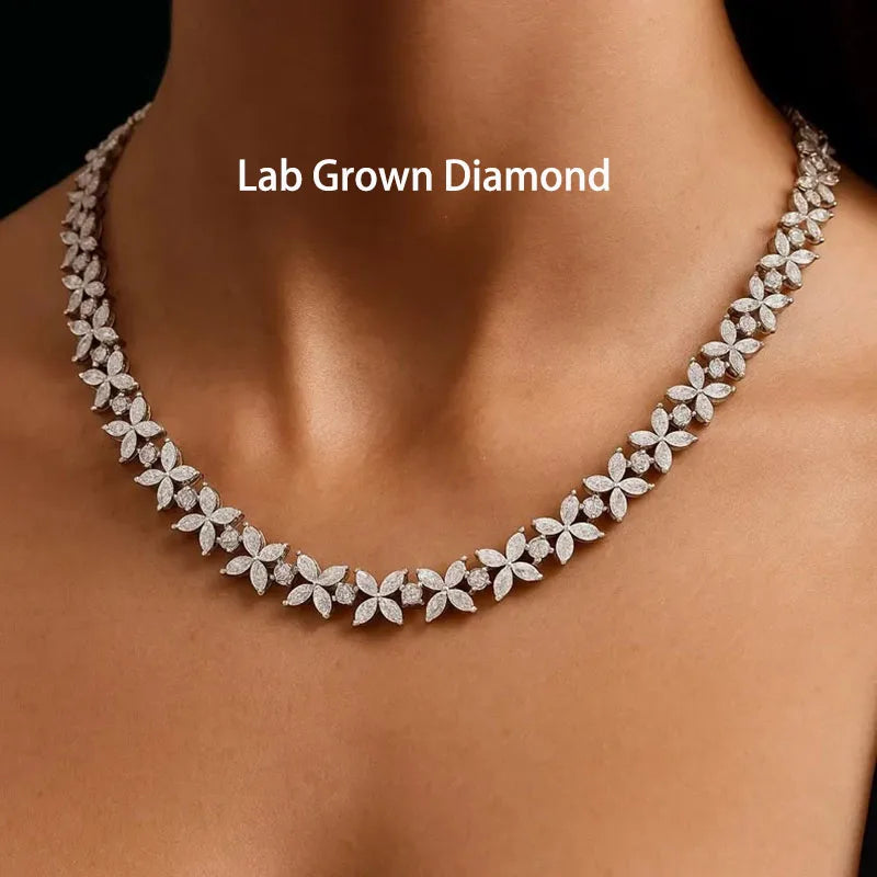 Lab grown diamond necklace on a person's neck with 'Lab Grown Diamond' text.