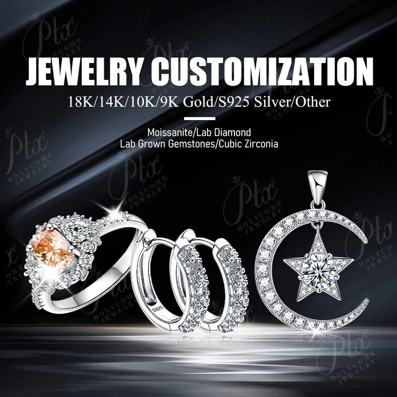 Jewelry customization advertisement showing silver-toned rings and a crescent moon pendant with star and diamond details on a dark background with text listing metal and gemstone options.