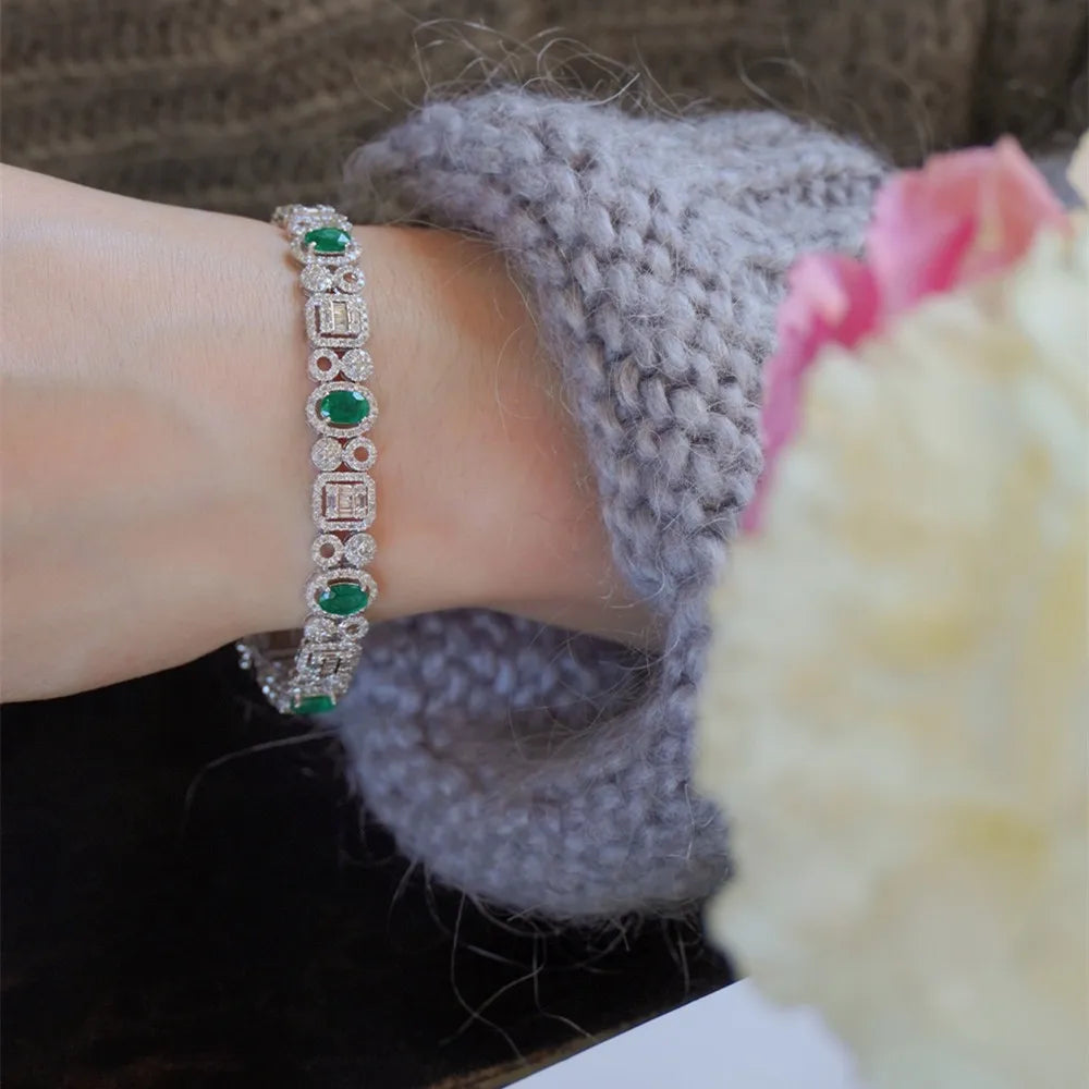 Shelly Retro Court Style Real 18K Solid White Gold AU750 Jewelry Natural Diamonds 5.0ct Emerald 3.5ct Bracelets for Women Gift