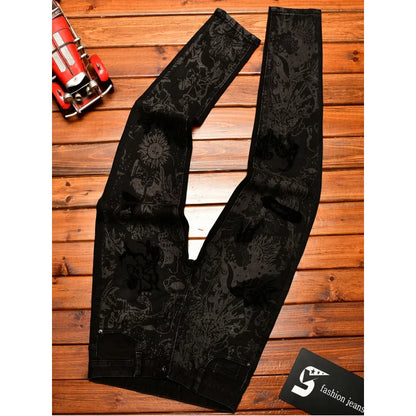 Black jeans men's fashion light luxury print slim fit small foot trend men's clothing autumn elastic long pants men