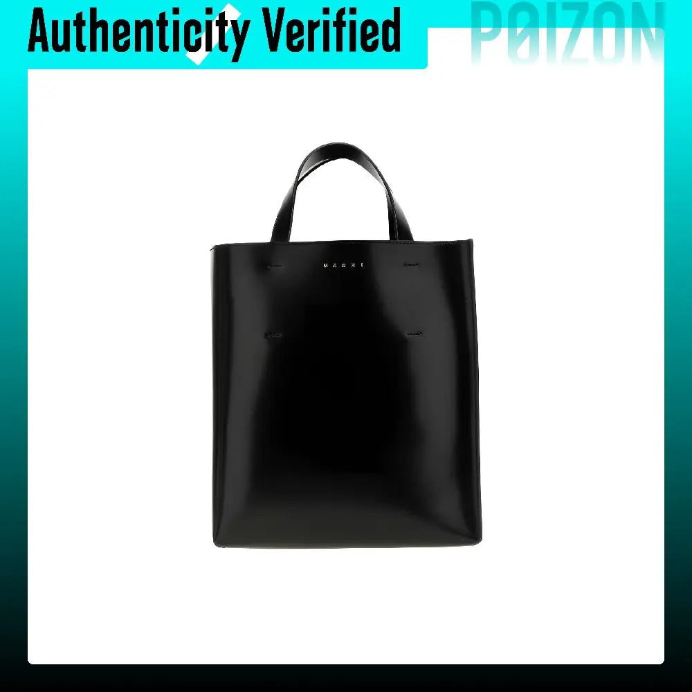A black leather tote bag with top handles, shown against a white background with a teal border. The brand name 'MOUSE' is subtly printed in silver on the front, and there is a 'Authenticity Verified' badge at the top left.