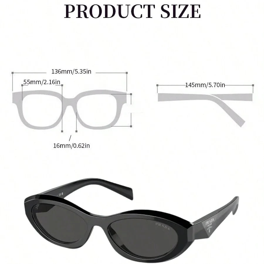 Product size diagram for cat-eye sunglasses, showing front and side measurements with a black pair of sunglasses pictured below. Text at the top reads 'PRODUCT SIZE'.