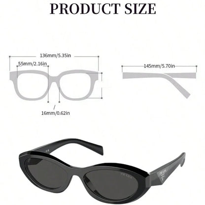 Product size diagram for cat-eye sunglasses, showing front and side measurements with a black pair of sunglasses pictured below. Text at the top reads 'PRODUCT SIZE'.