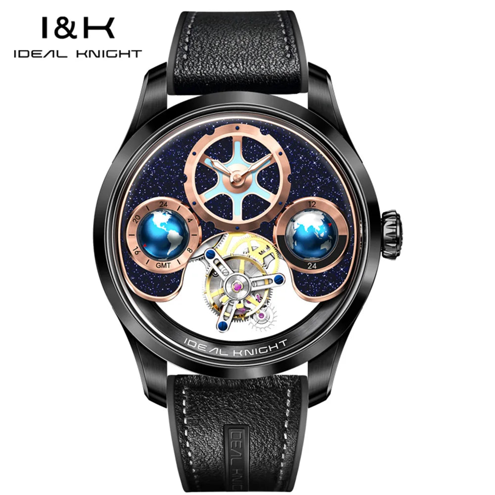 IDEAL KNIGHT Real Tourbillon Automatic Watches for Men 43mm Large Dial Blue Earth Series High-end Luxury Brand Mechanical Watch