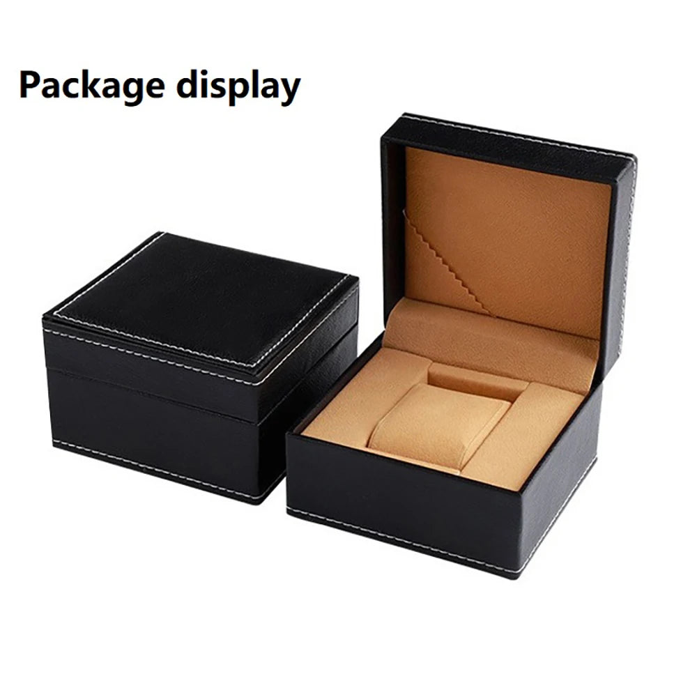 Two black watch box packaging pieces on a white background, one closed and one open showing a tan interior cushion. Text in the top left reads 'Package display'.