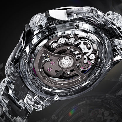 Close-up of a transparent watch with visible mechanical components on a dark background