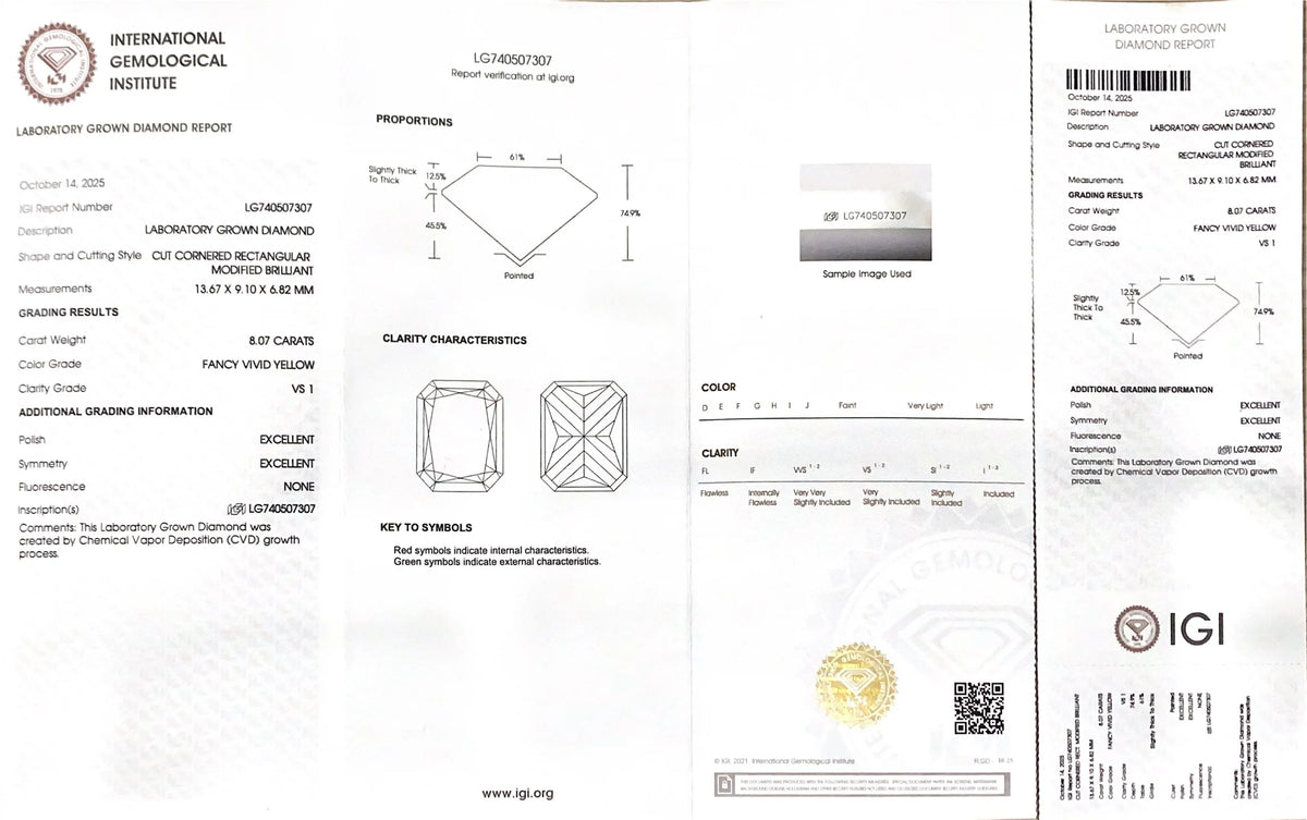 A laboratory-grown diamond report card from the International Gemological Institute, displaying technical specifications, diamond shape and clarity diagrams, grading results, and a QR code on a white background.