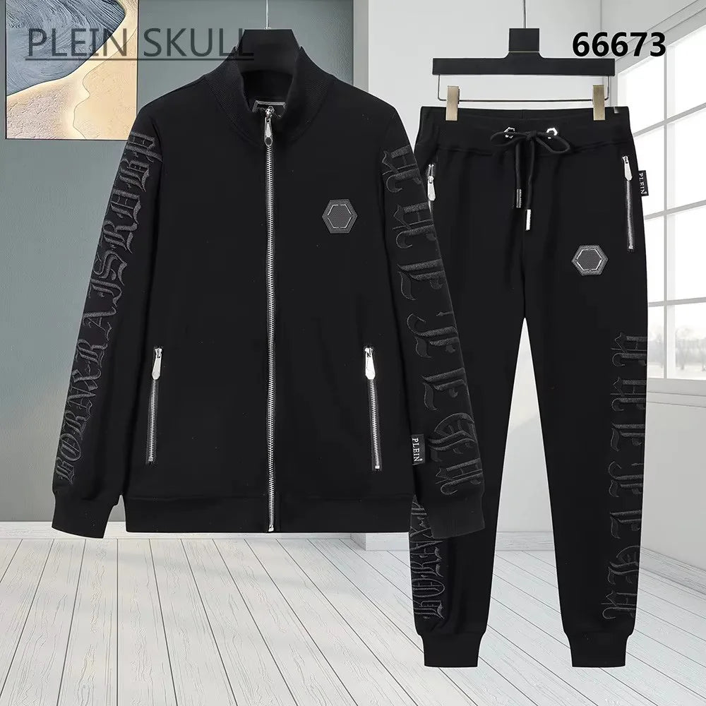 Plein Skull Men's Zipper Stand up Collar Sports Set Gothic Jacket Running Pants 2-piece Set Streetwear Autumn/Winter Daily Party