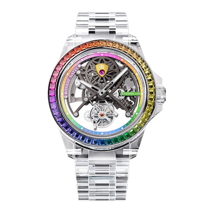 Watch with a transparent case and rainbow-colored bezel on a white background