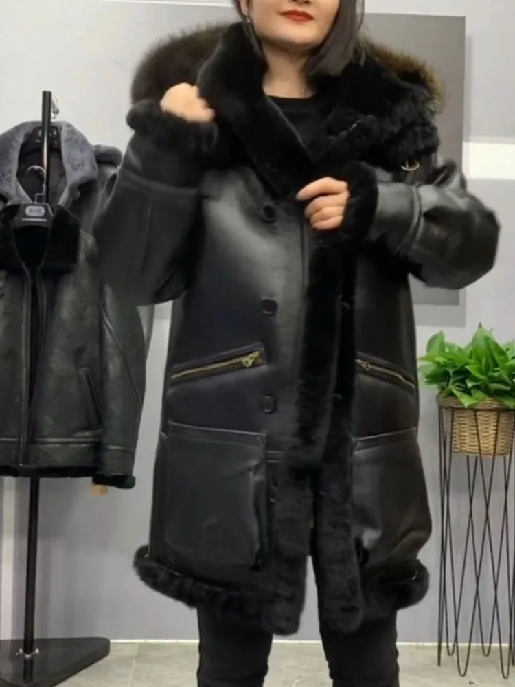 Sheepskin Shearling Coat Men Women Hood Black – Vexaro