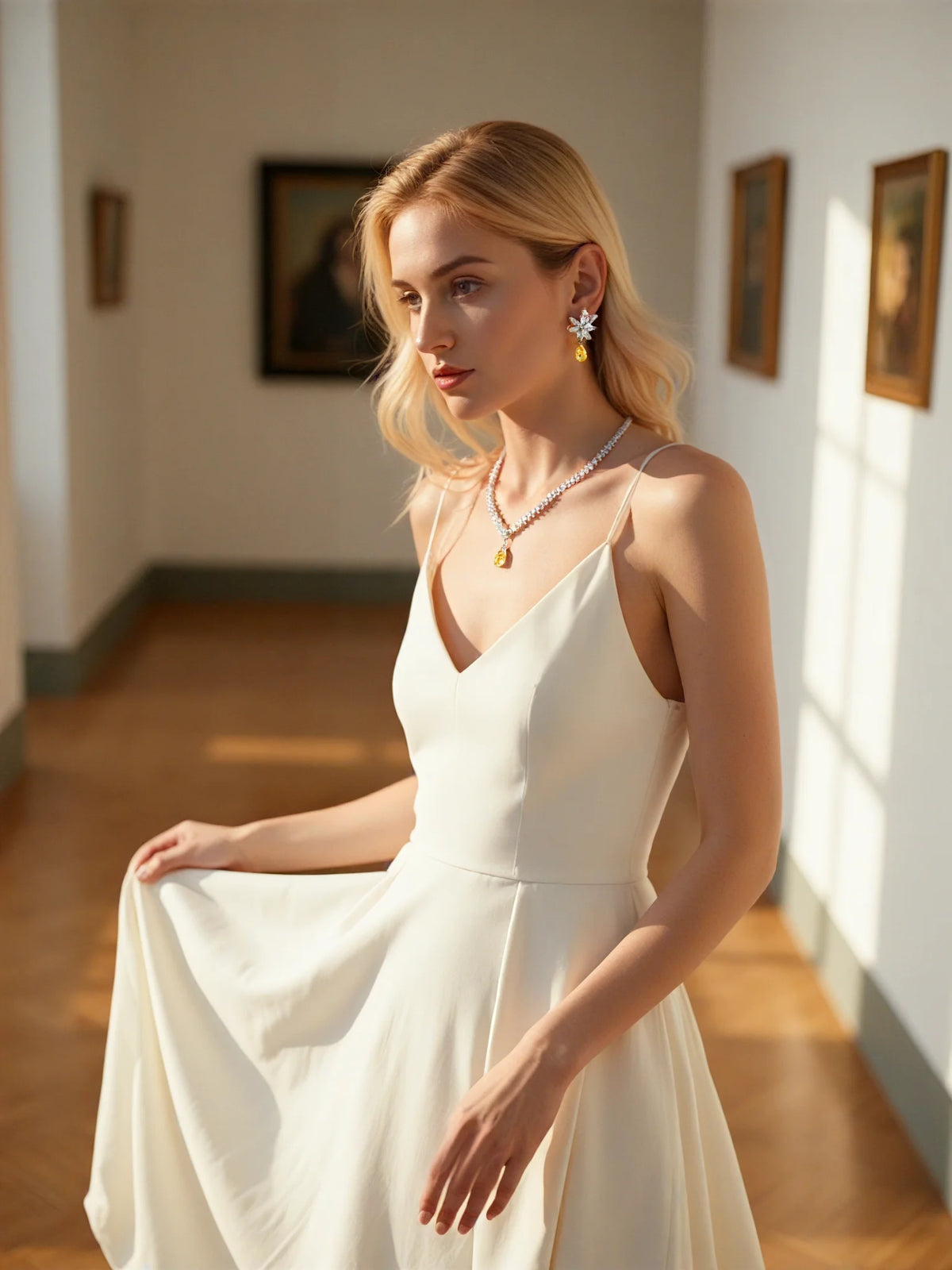 Woman in a white dress standing in a sunlit room with paintings on the wall.