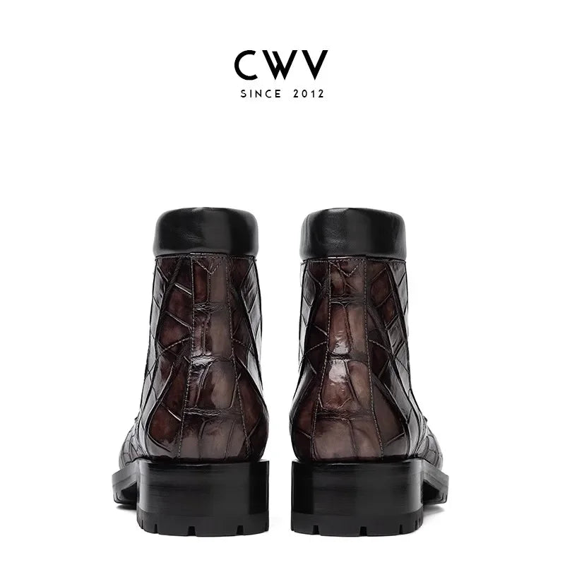 A pair of dark brown and black quilted ankle boots with a glossy crocodile-embossed pattern, shown from the back against a white background with the brand logo 'CWV' at the top.