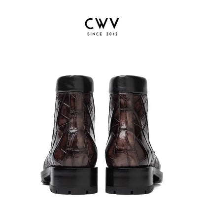 A pair of dark brown and black quilted ankle boots with a glossy crocodile-embossed pattern, shown from the back against a white background with the brand logo 'CWV' at the top.