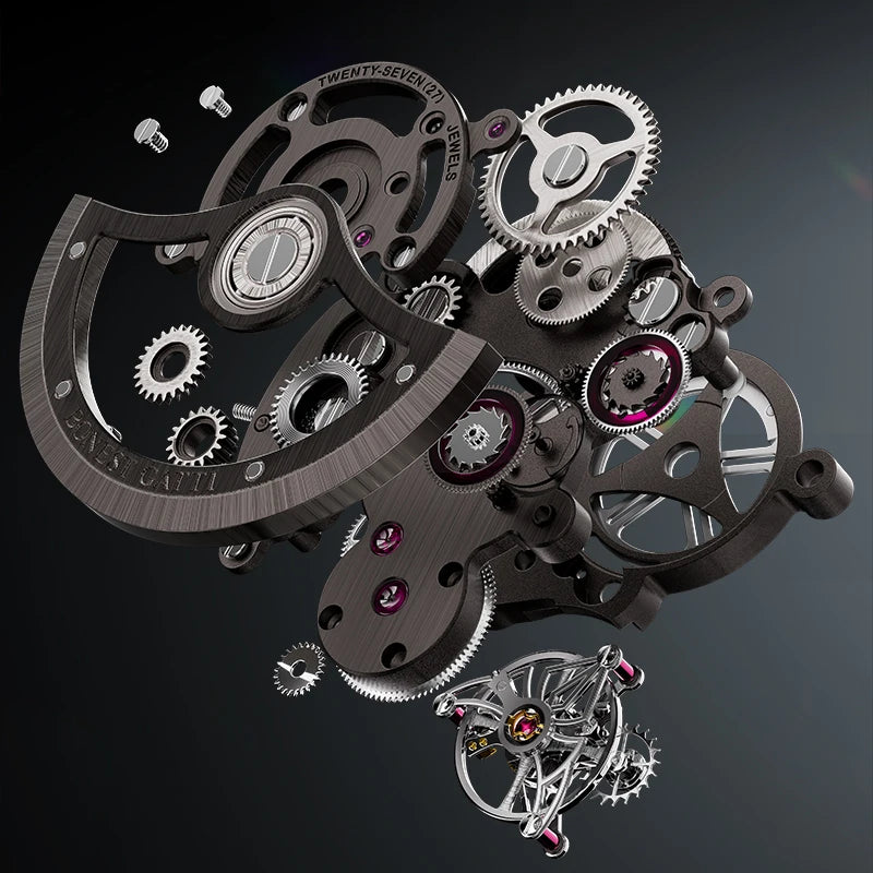 Close-up of intricate watch mechanism with gears on a dark background