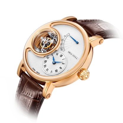 A luxury wristwatch with a gold-tone case, white dial, and brown alligator leather strap, featuring a prominent circular open-heart window showing the inner mechanism.