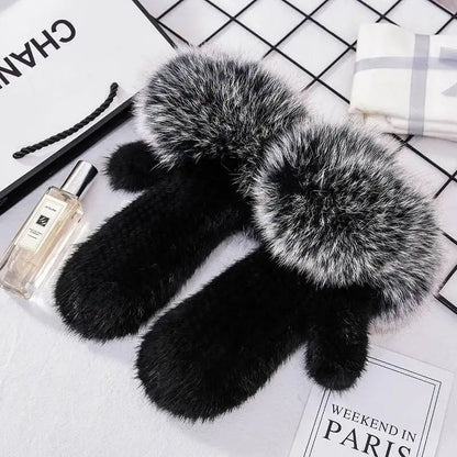 2026 Real Mink Fur Gloves For Women Winter Fox Fur Cuffs Women's Mittens Hand Knitted Full Finger Gloves Lady Fluffy Luxury Fur
