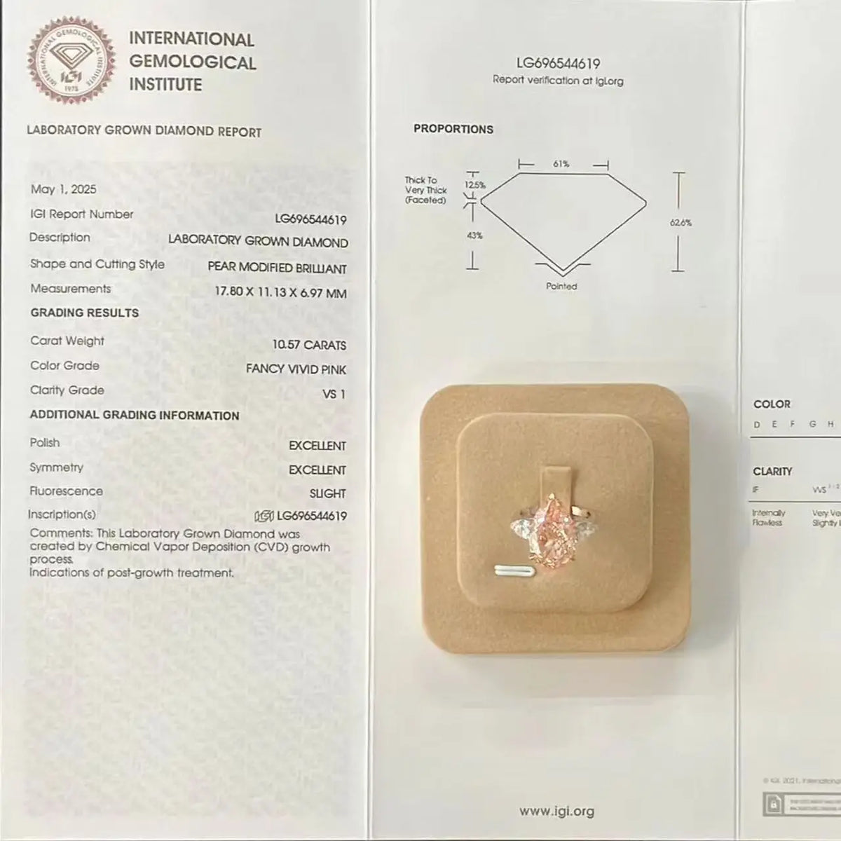 A laboratory grown diamond report card from the International Gemological Institute, showing grading details, a diamond shape diagram, and a small round diamond mounted on a beige backing card.