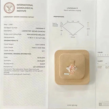 A laboratory grown diamond report card from the International Gemological Institute, showing grading details, a diamond shape diagram, and a small round diamond mounted on a beige backing card.
