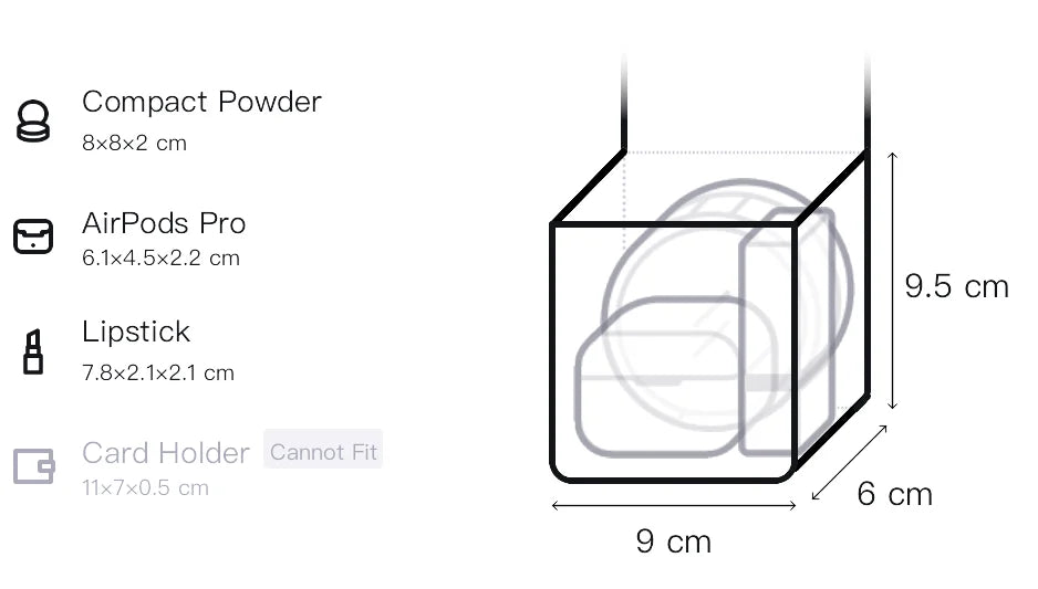 A dimension diagram showing the compact size of a MagSafe-compatible AirPods Pro case, with measurements labeled 9 cm by 6 cm by 9.5 cm.