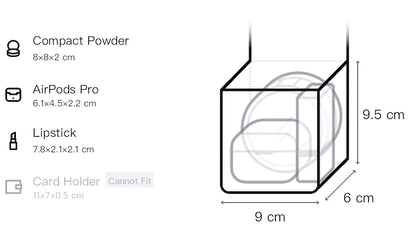 A dimension diagram showing the compact size of a MagSafe-compatible AirPods Pro case, with measurements labeled 9 cm by 6 cm by 9.5 cm.