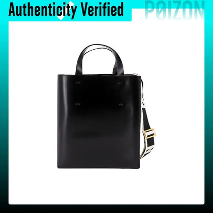 A black leather tote bag with a top handle and a detachable shoulder strap, shown against a white background with a teal border. The brand name 'POIZON' is visible in the top right corner, and an 'Authenticity Verified' badge is in the top left.